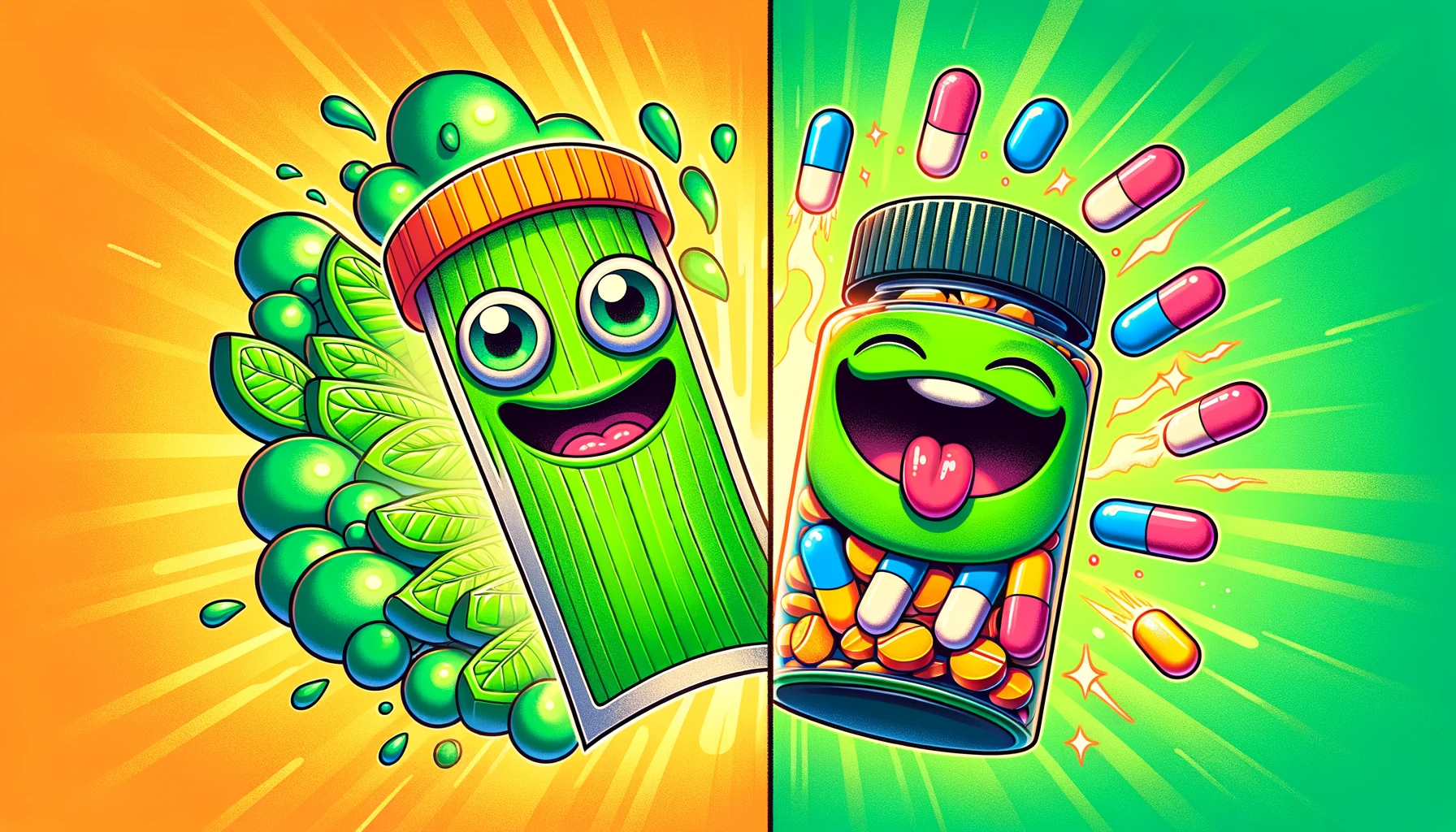 comparison of caffeine strips on the left and colorful caffeine pills on the right, illustrating differences in form and usage for caffeine consumption